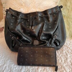 MCM Black Hobo Drawstring Bag and Wallet Set